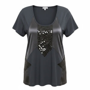 WALTER black short sleeve scoop neck top with sequin and satin panel detail